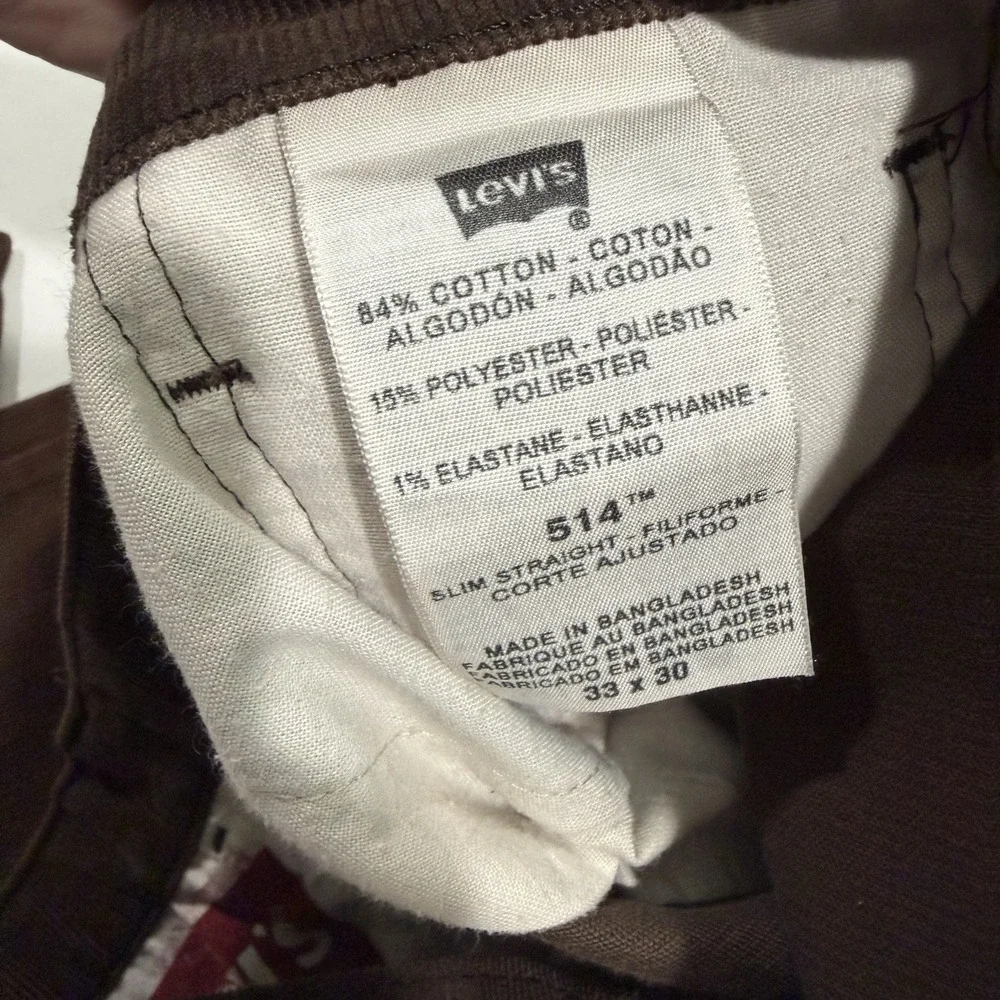Levis 514 Mens 33x30 Brown Corduroy Pants Slim Straight Stretch White Tab Cords